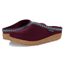 A burgundy wool clog shoe with a patterned trim and a natural cork sole