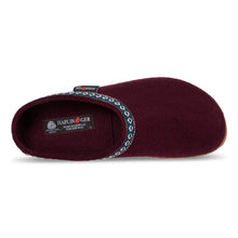A burgundy wool clog shoe with a patterned trim and a natural cork sole
