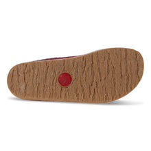 A burgundy wool clog shoe with a patterned trim and a natural cork sole, with a brown rubber outsole