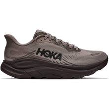 A dark brown and gray running shoe with a dark sole 