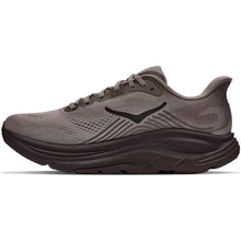 A side profile view of a Hoka Clifton featuring a black Hoka logo, a thick dark brown midsole, and a dark dusty brown mesh upper.