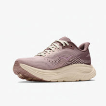 A Hoka running shoe in a dusty mauve pink colorway with a chunky cream-colored midsole and white laces