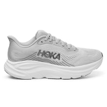 A light gray and silver woman's Hoka running shoe 