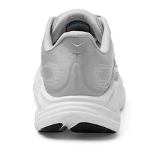 Rear view of a light gray and white running shoe, showing the heel counter, textured mesh upper, with a thick cushioned sole 