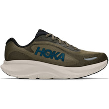 A Hoka running shoe in olive green and a thick cream-colored midsole