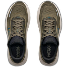 A pair of HOKA running shoes shown featuring an olive green mesh upper, dark olive laces, and a thick white midsole