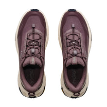 A pair of HOKA trail running shoes shown from a top-down view, featuring a dusty plum purple upper with a thick cream-colored midsole and a dark gray outsole.