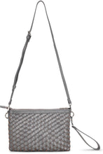 Gray woven handbag with a strap 