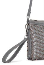 Gray metallic woven handbag with a strap 