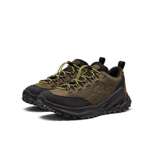 Pair of men's dark brown and black hiking shoes with yellow toggle laces 