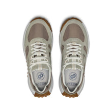 Pair of women's beige and brown sneakers with white laces