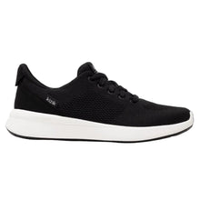 Black running shoe with white sole 
