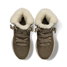 A pair of brown suede winter boots with thick cream shearling lining and patterned brown laces
