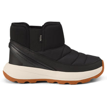 A black winter boot with a thick cream midsole and a brown rubber outsole