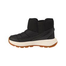 Black winter boot with a white sole 