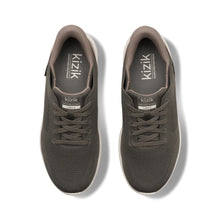 Men's low-top athletic Kizik sneaker, featuring a dark brown knit upper, a brown mesh heel tab, and a thick off-white midsole.