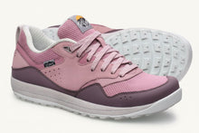 Pink and purple sneakers with white soles on a white background