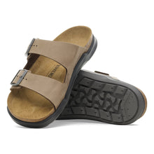 Tan sandal with black sole 