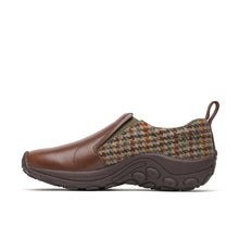 A slip-on shoe featuring a brown leather toe cap, a brown and dark brown houndstooth patterned tweed heel, and a dark brown sole.