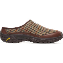A slip-on clog shoe from Merrell, featuring a brown and beige houndstooth pattern upper, brown leather trim, and a dark brown Vibram sole