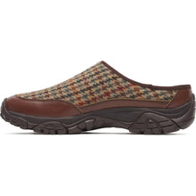 A slip-on clog shoe from Merrell, featuring a brown and beige houndstooth pattern upper, brown leather trim, and a dark brown Vibram sole