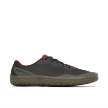 A Merrell barefoot-style training shoe in dark gray mesh with a brown textured grip sole 