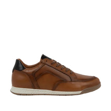 A brown lace-up sneaker with thick cream-colored midsole