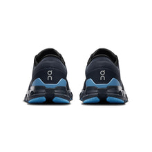 back of black gym shoes with blue soles 
