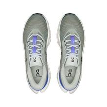 Pair of men's gray running shoes with blue accents