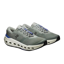 Pair of Men's gray running shoes with blue accents