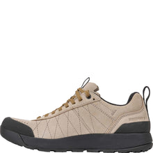 Women's Oboz low-top outdoor hiker in beige suede with brown laces, a black outsole, and black heel and toe caps