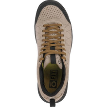 Women's Oboz low-top outdoor hiker in beige suede with brown laces, a black outsole, black heel and toe caps, featuring the Oboz 'FIT' insole.