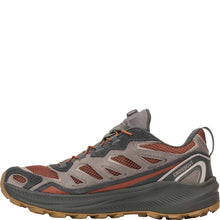 A Oboz hiking shoe in gray suede and mesh with rust-copper accents, dark gray leather, and a thick dark gray midsole
