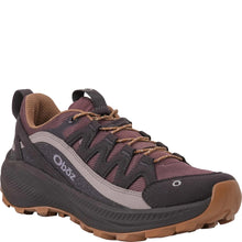 Women's Oboz hiking shoe in dark mauve and burgundy with brown laces and a brown outsole