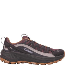 Women's Oboz hiking shoe in dark mauve and burgundy with brown laces and a brown outsole