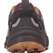 Women's Oboz hiking shoe in dark mauve and burgundy with brown laces and a brown outsole
