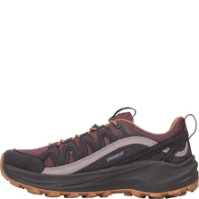 Women's Oboz hiking shoe in dark mauve and burgundy with brown laces and a brown outsole