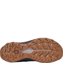 Women's Oboz hiking shoe in dark mauve and burgundy with brown laces and a brown outsole