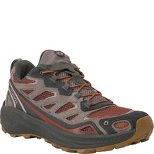 A hiking featuring a gray and brown upper with copper-brown mesh panels, matching copper-brown laces, and a brown rubber outsole.