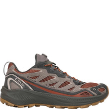 A Oboz hiking shoe in gray suede and mesh with rust-copper accents, dark gray leather, and a thick dark gray midsole