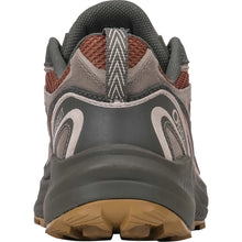 A Oboz hiking shoe in gray suede and mesh with rust-copper accents, dark gray leather, and a thick dark gray midsole