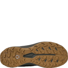 A close-up Oboz brown rubber outsole, showing deep tread patterns and a dark gray center strip 
