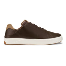 Brown leather sneaker with a white sole and textured rubber tread