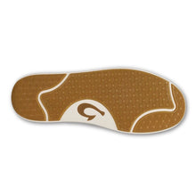 A shoe insole with a textured brown patterned surface, featuring a white curved section at the heel with a stylized brown logo
