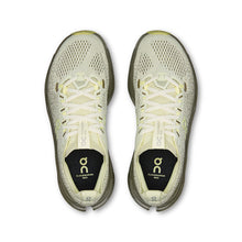 A pair of On running shoes featuring a light green and olive green mesh upper