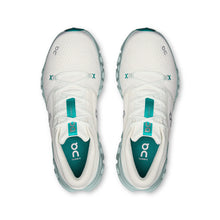 A pair of On Running sneakers featuring a white mesh upper with teal accents on the tongue, heel, and outsole
