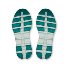 A pair of On Running sneakers featuring a white mesh upper with teal accents on the tongue, heel, and outsole