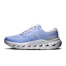 Blue running shoe with white sole 