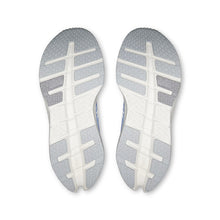 The outsoles of a pair of running shoes, showing a textured gray and white tread pattern