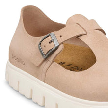 Beige shoe with a buckle and 'papillio' branding on a white background